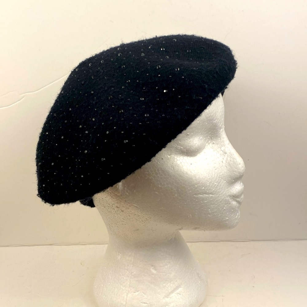 Wool blend beret Magid hats black with 3D shiny gems stretchy one size fits all